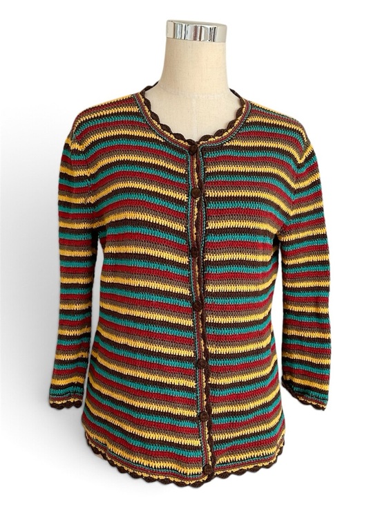 Doncaster Sweaters - Vintage Striped Crochet Cardigan Sweater Size Medium Cottagecore Fall